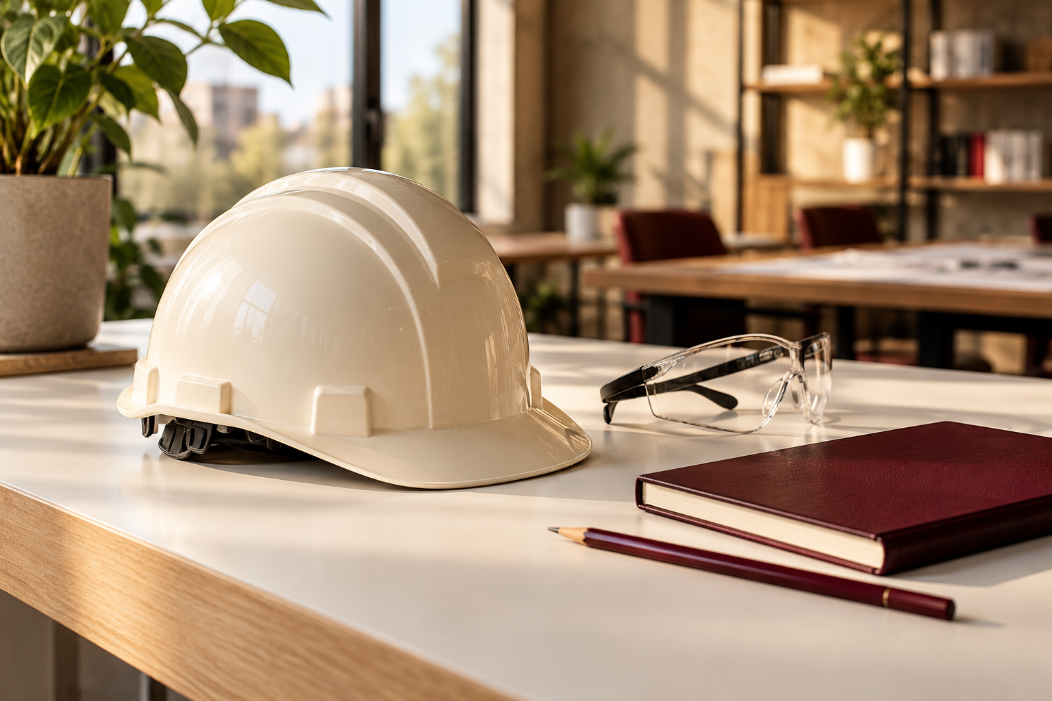 Capacete, óculos de proteção e caderno de planejamento em uma mesa de trabalho